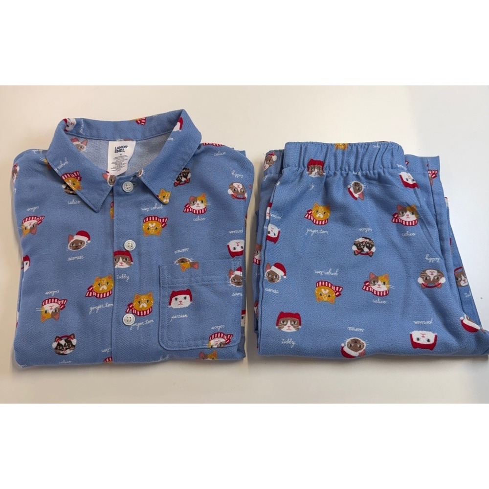 Lands End size 12 Kids Pajama set Flannel Cats Christmas